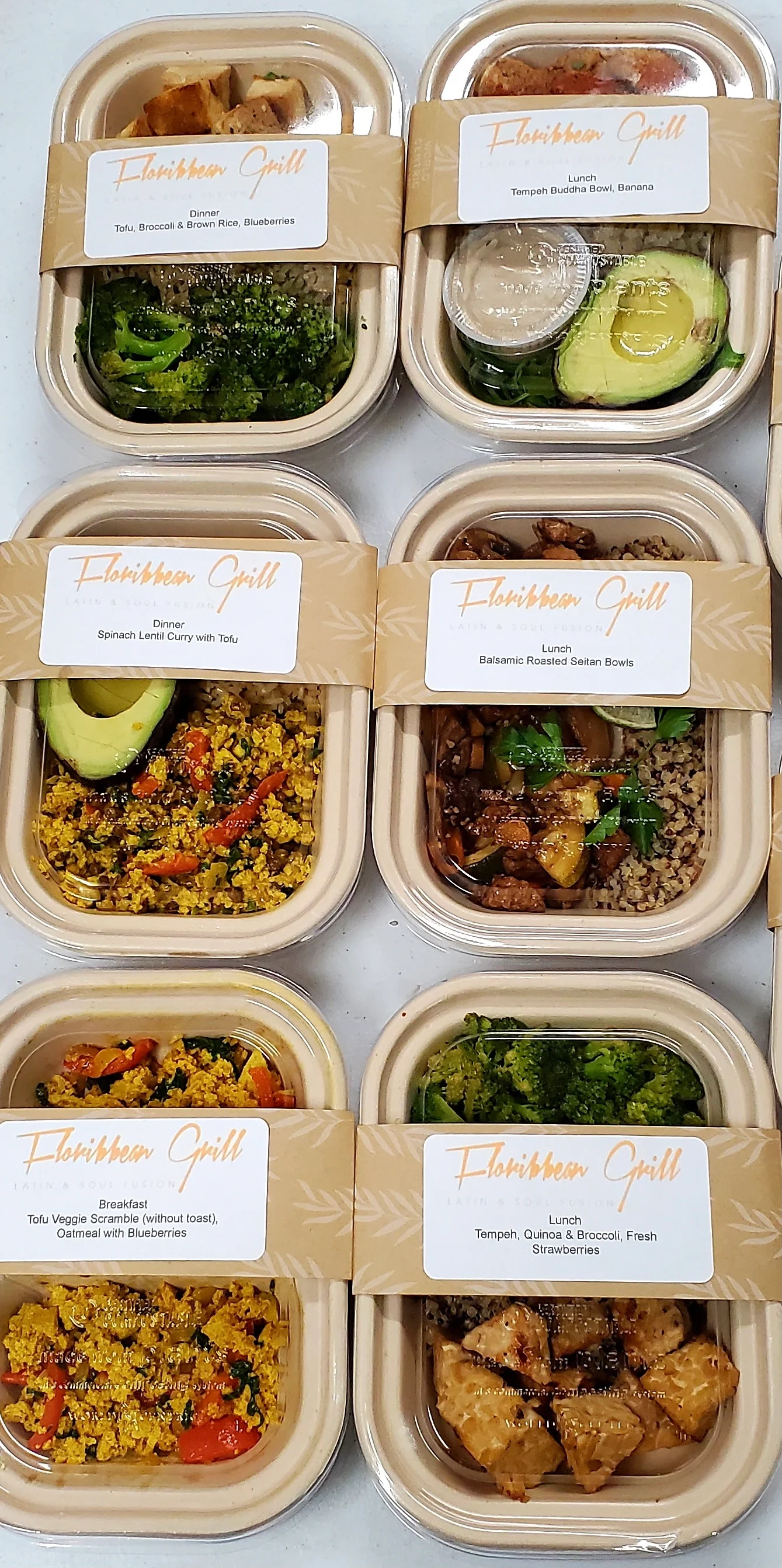 Variety of Latin and soul fusion meal prep containers