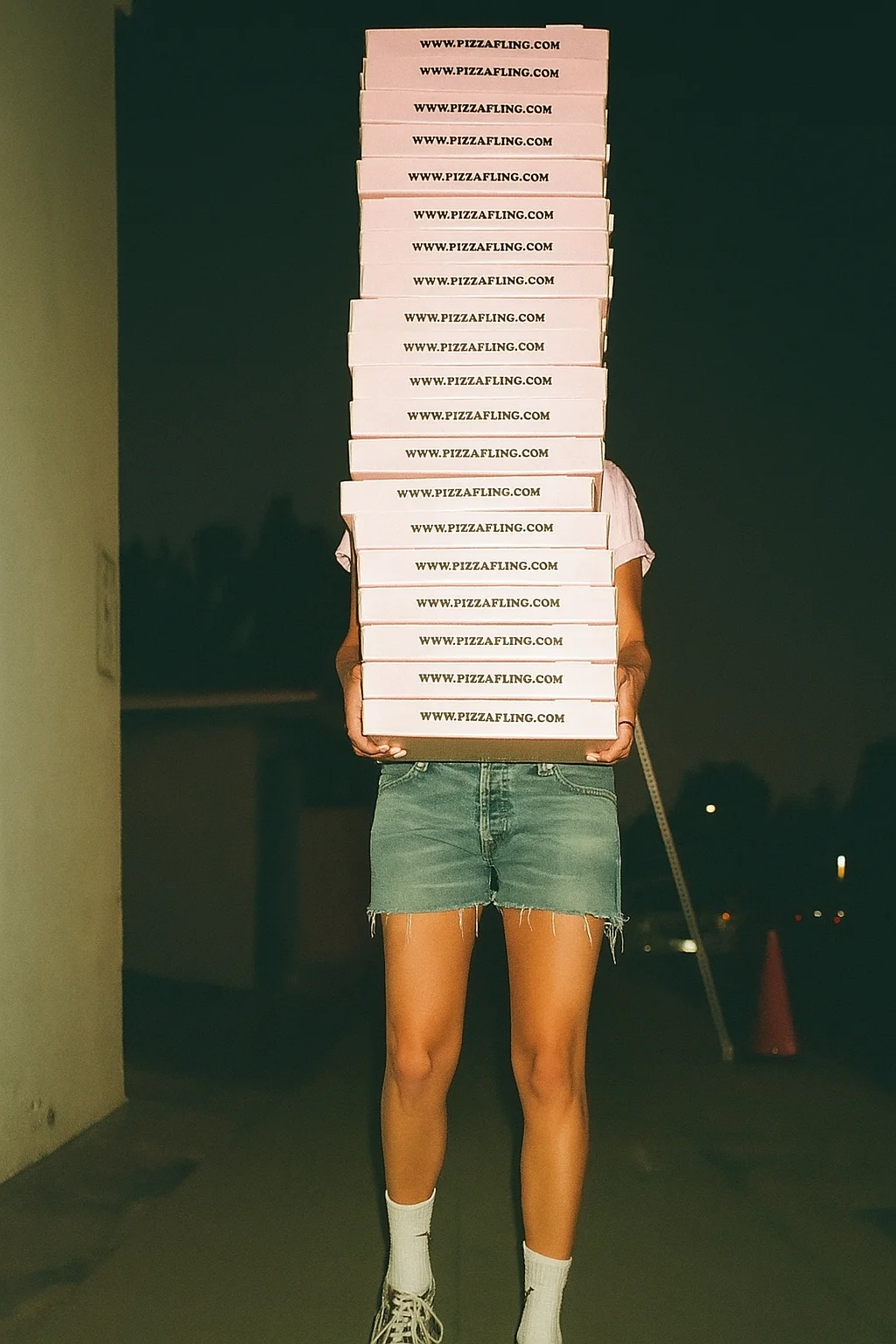 Stack of pizza boxes being carried at night