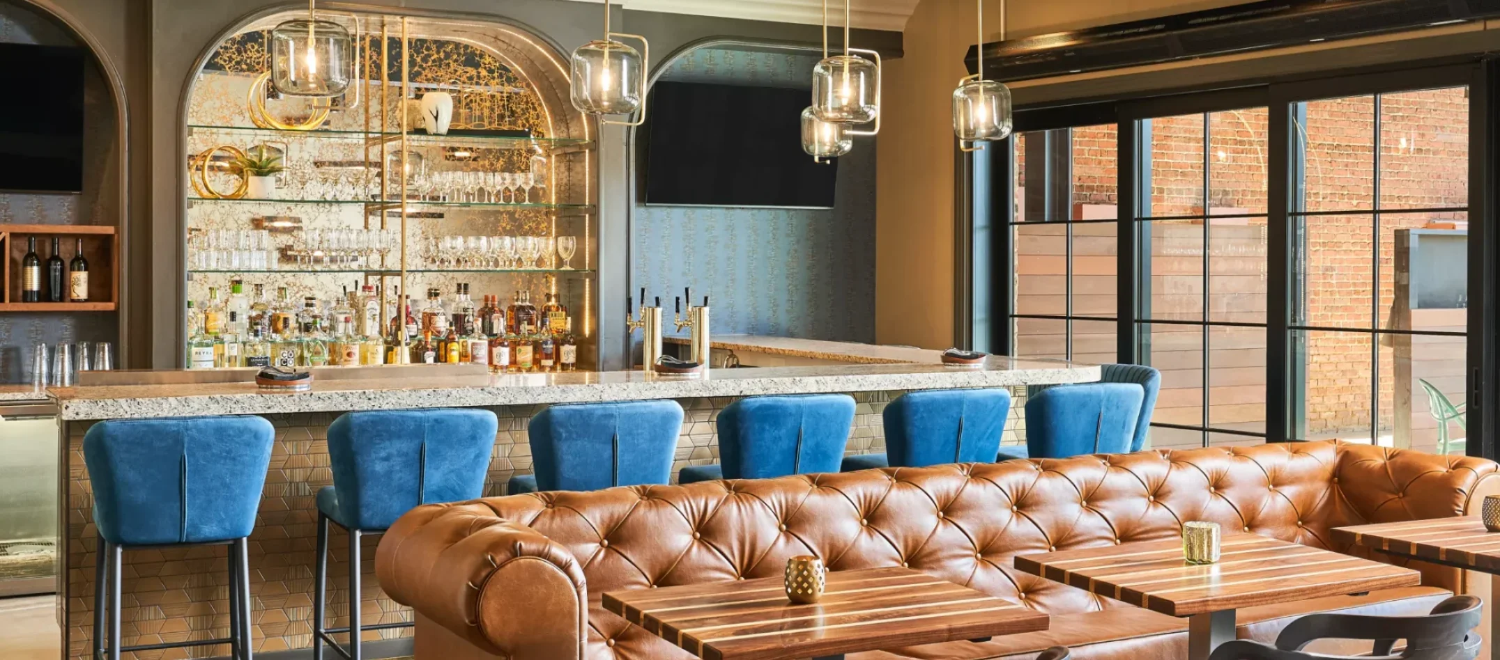 Stylish bar interior with leather seating and modern decor