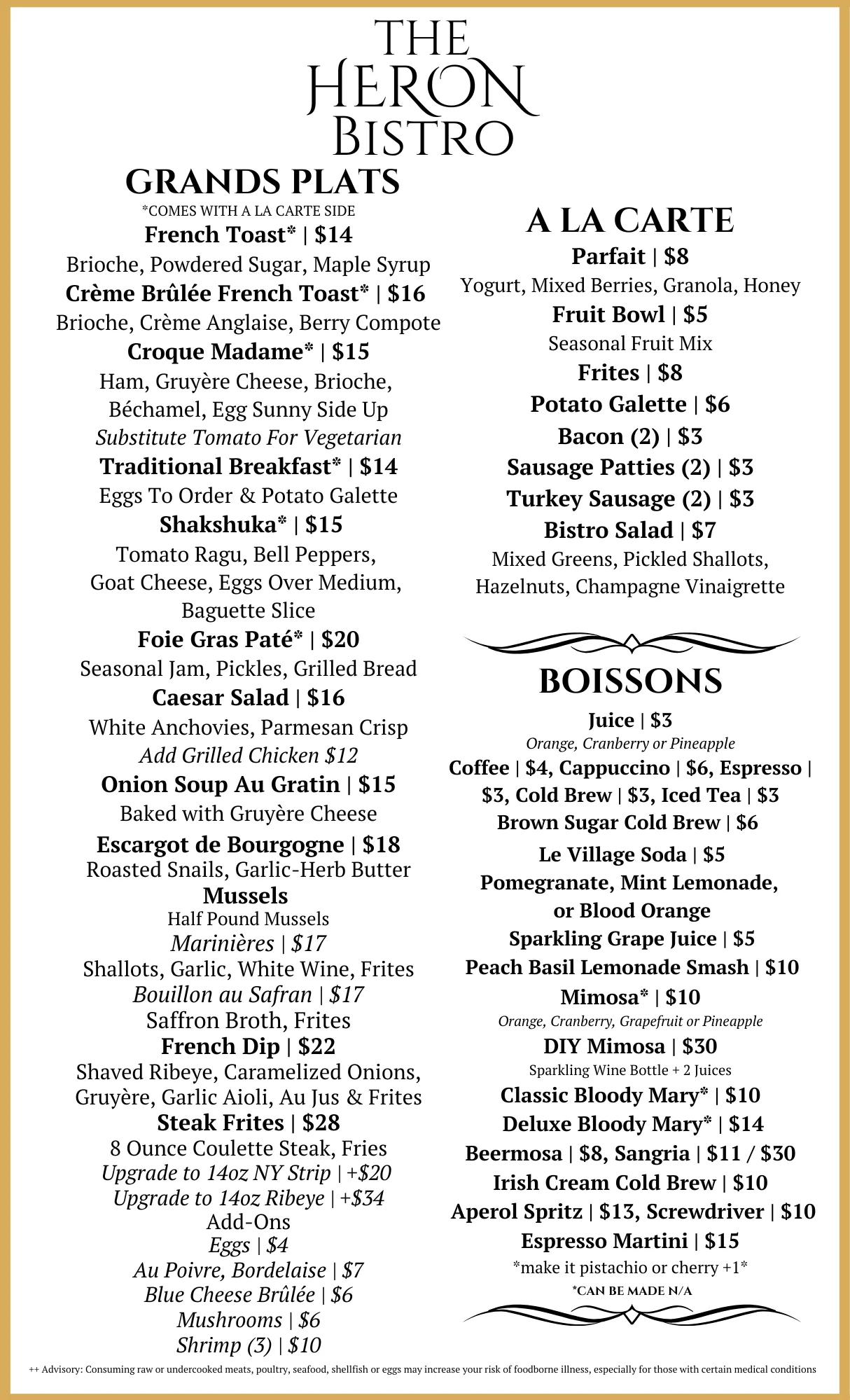 Menu from The Heron Bistro featuring various breakfast and brunch dishes.
