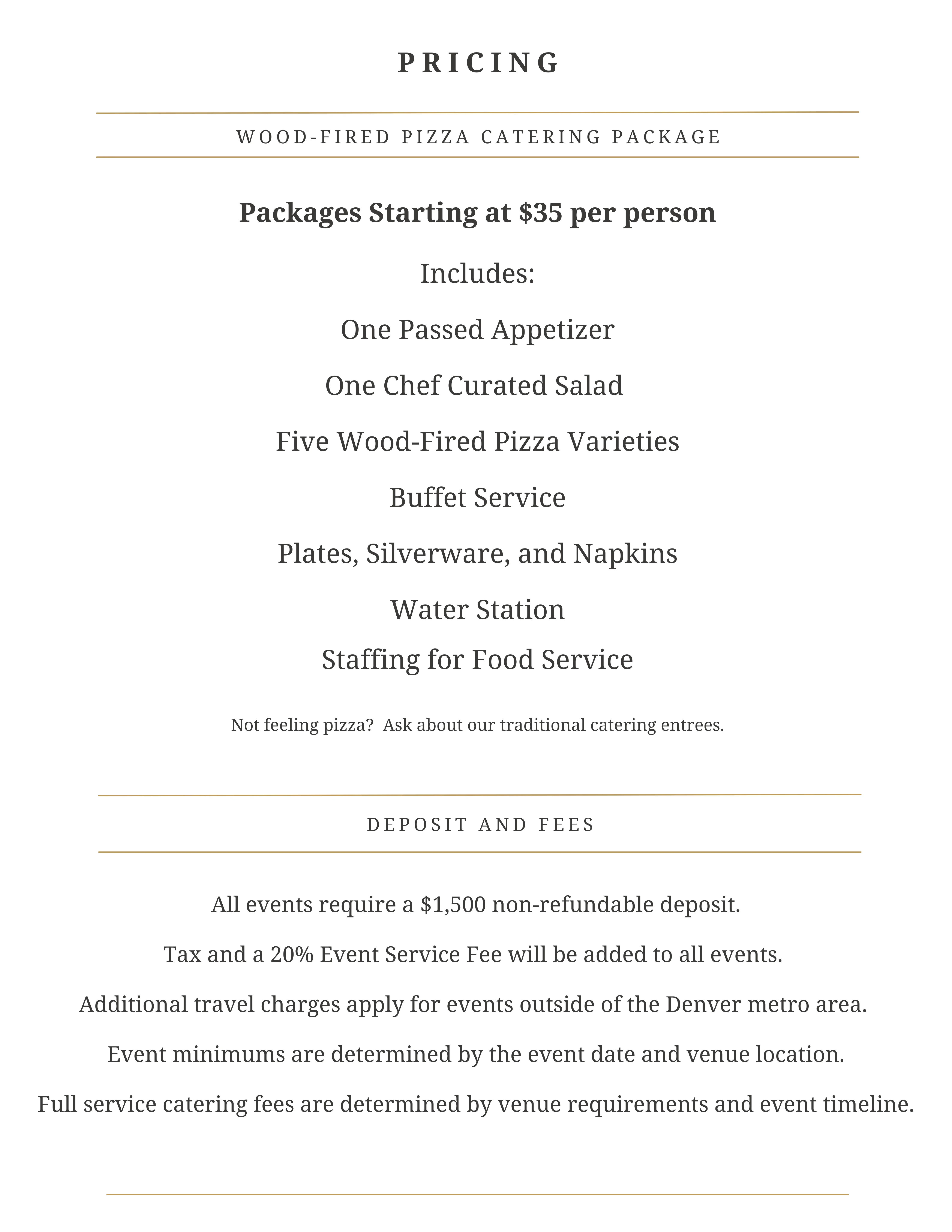 Wildfire Wood Oven Cuisine pizza catering package pricing details.