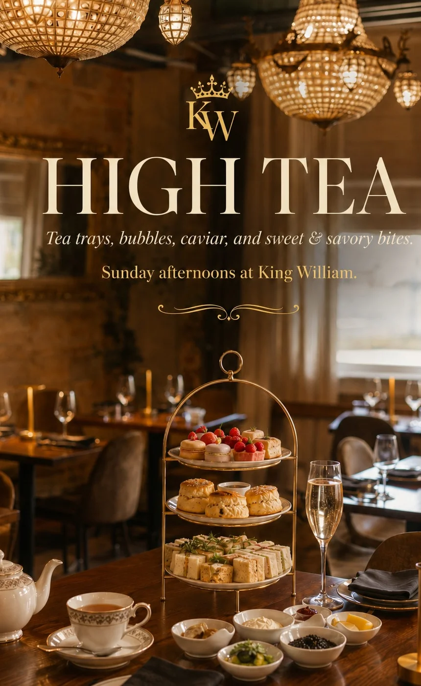 Sunday Afternoon Tea event flyer at King William Wine Co
