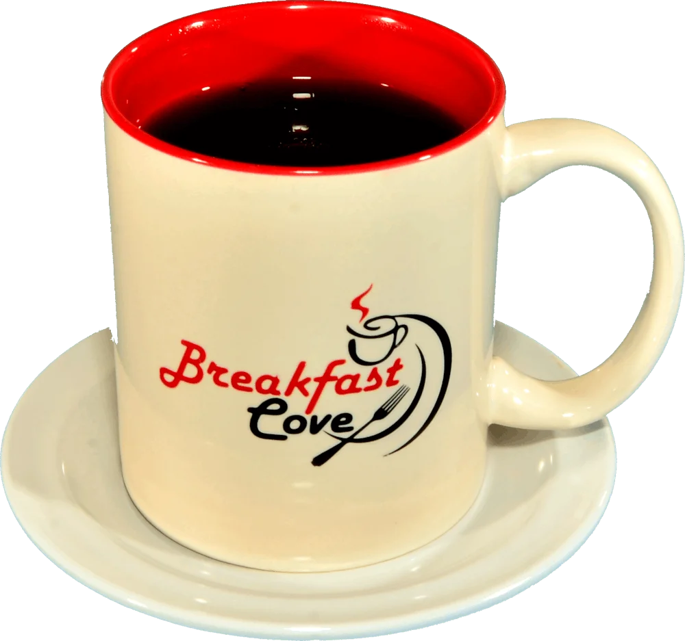 Coffee cup from Breakfast Cove with a vibrant red interior