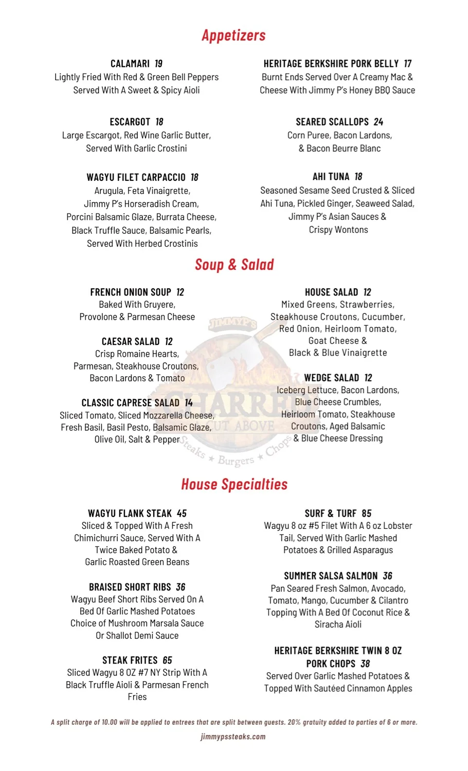 Menu featuring appetizers, soups, salads, and house specialties
