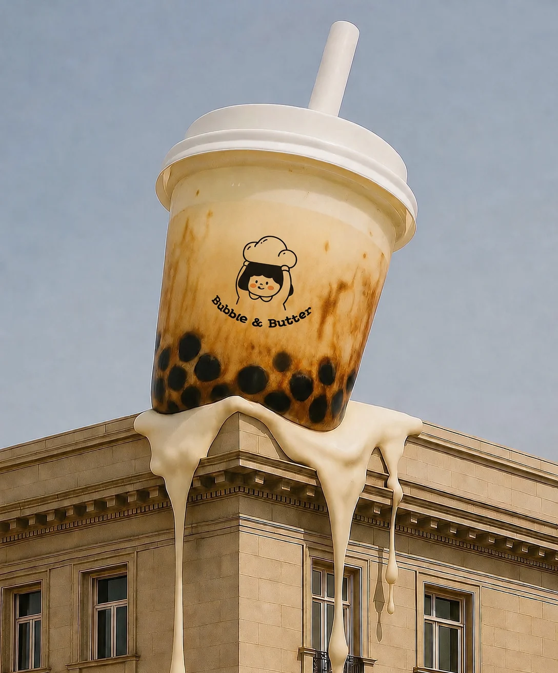 Oversized bubble tea cup with tapioca pearls