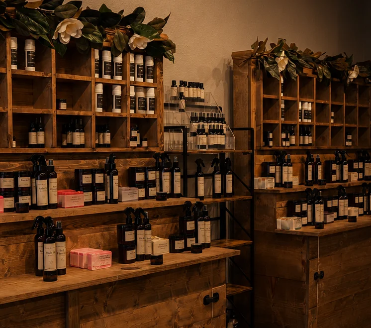 Handcrafted bath, body, and home collections displayed inside Magnolia Ritual Texas Apothecary.