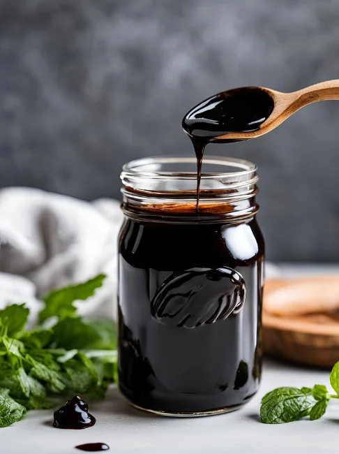 Rich chocolate syrup in a glass jar with mint leaves