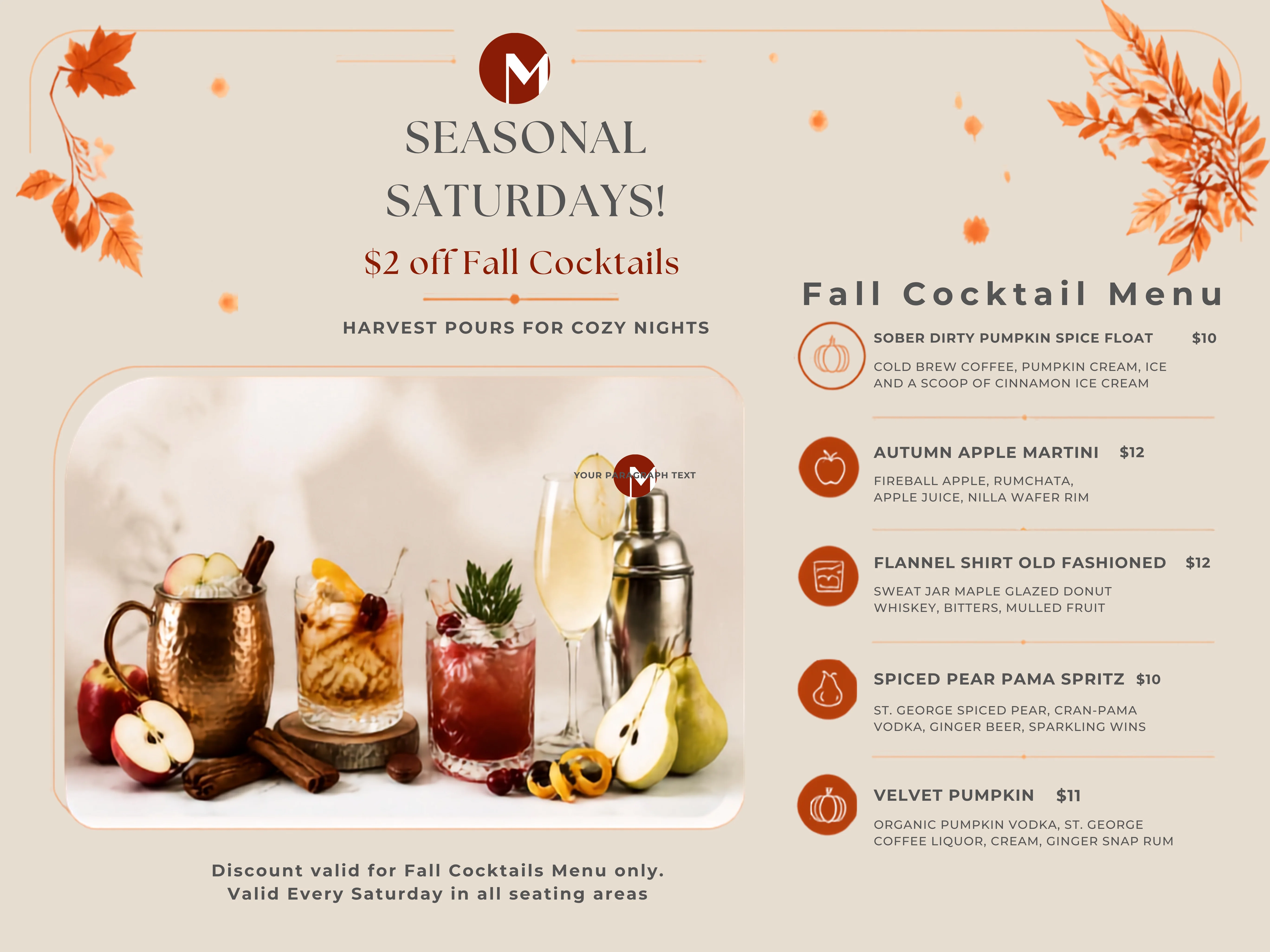 Fall cocktail menu featuring seasonal drinks in a cozy setting