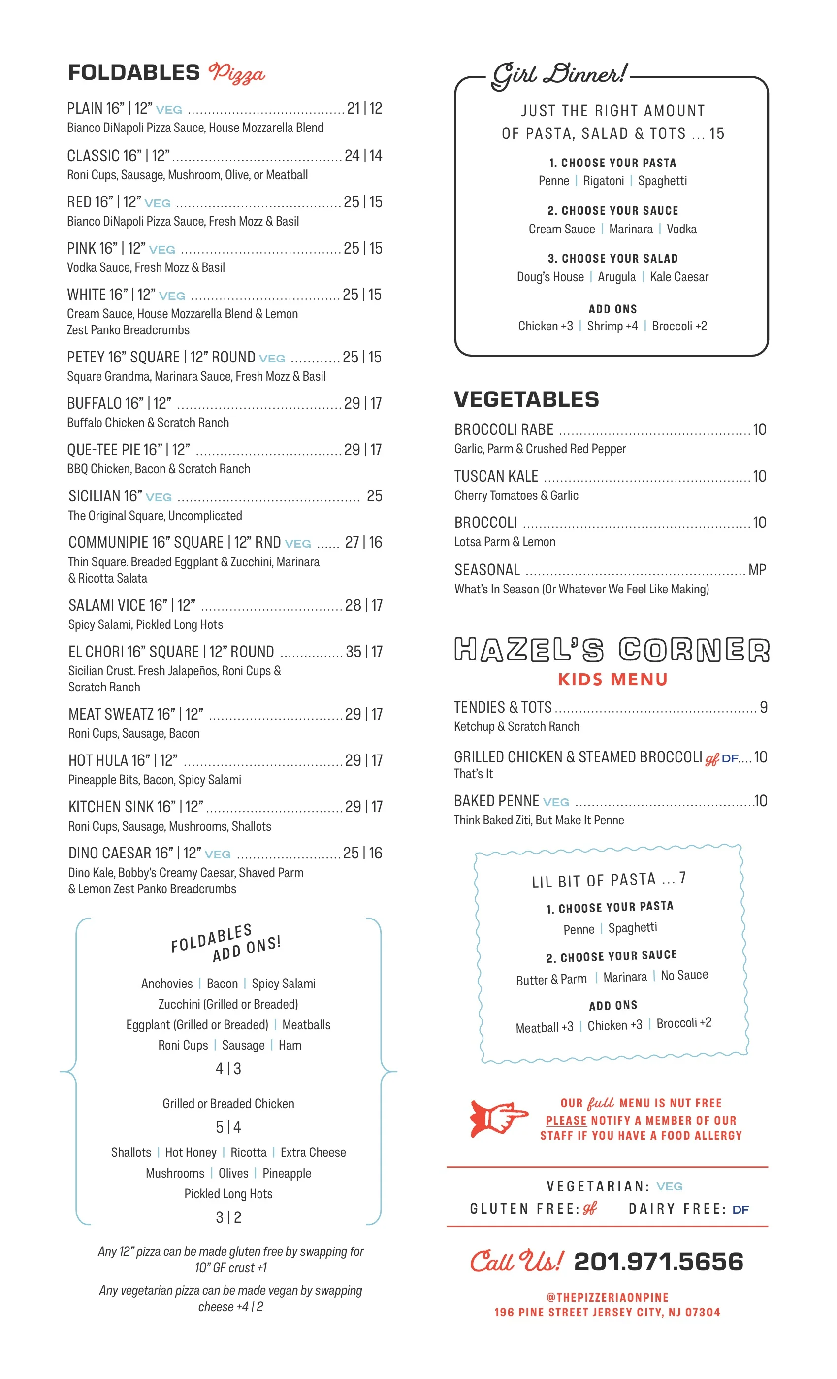 Menu featuring a variety of pizzas and pasta dishes