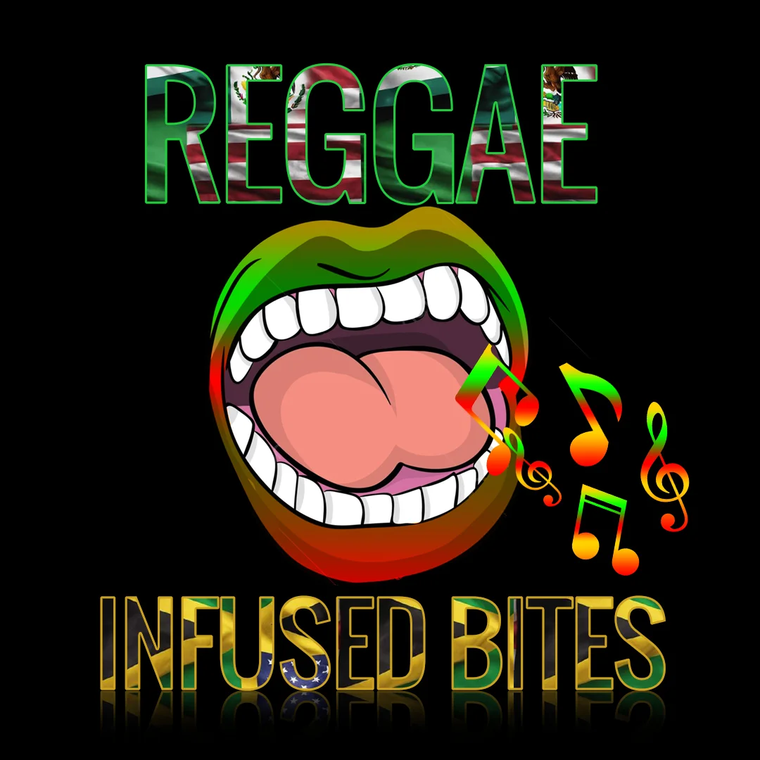 Colorful reggae-themed food logo with musical notes