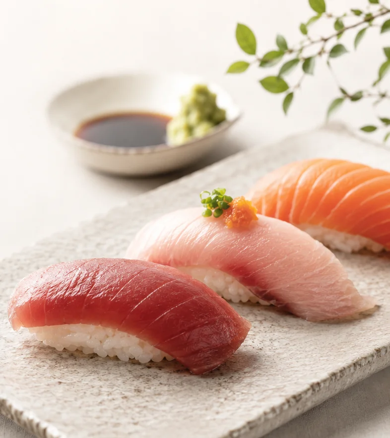Assorted sushi pieces on a plate with soy sauce and wasabi.