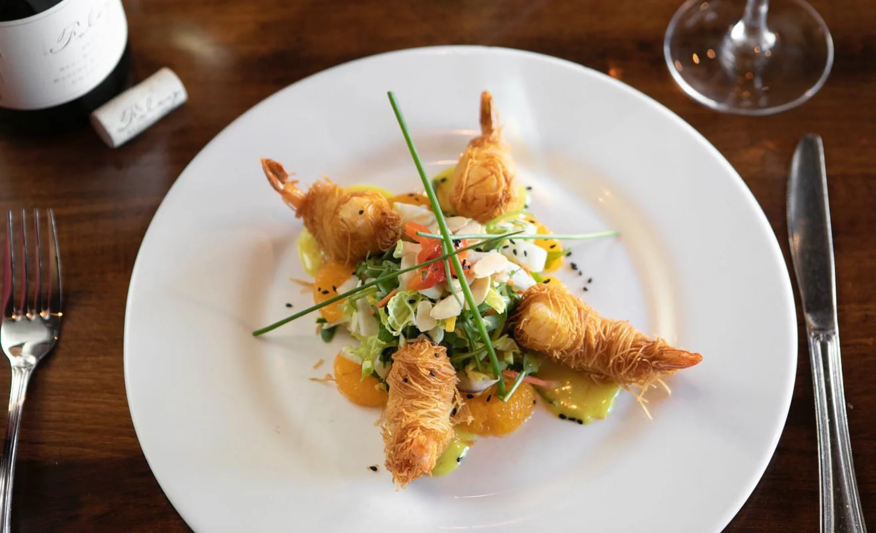Crispy shrimp kataifi salad with citrus dressing
