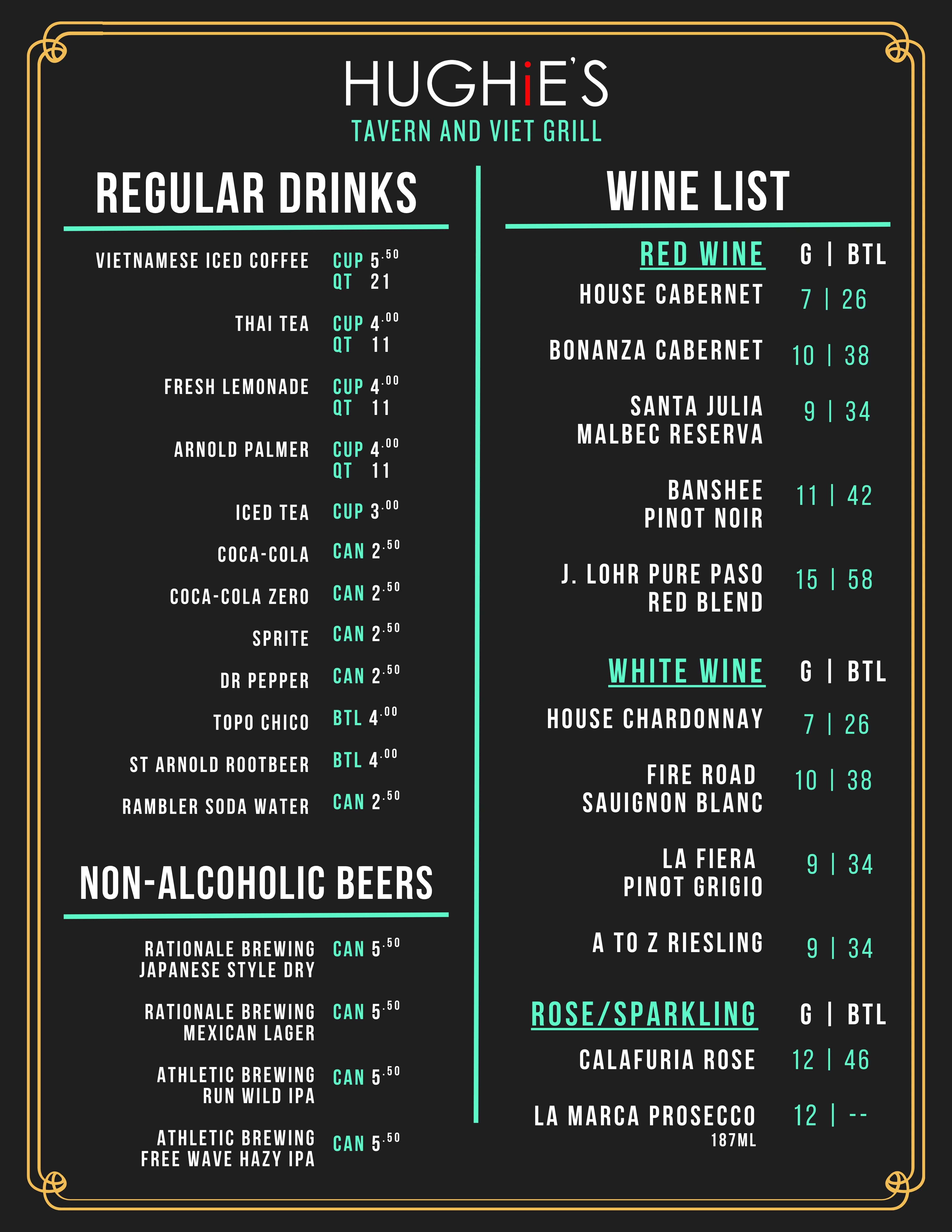 Drink menu featuring Vietnamese iced coffee and various wines