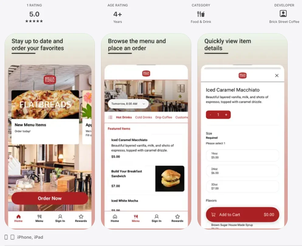 Cozy restaurant app interface showcasing menu items and ordering features