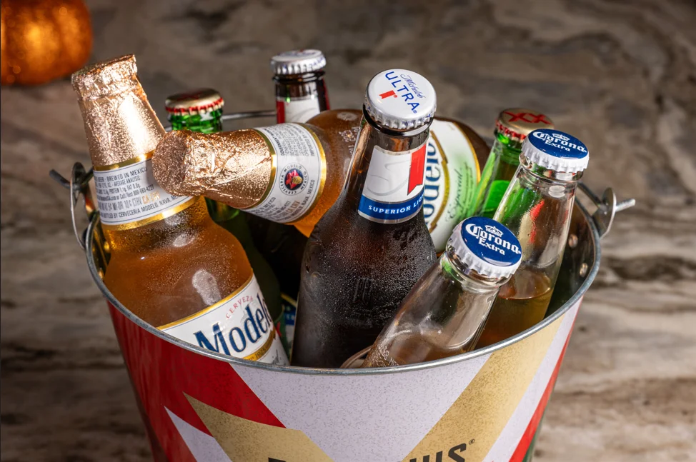 Chilled bucket of assorted Mexican beers