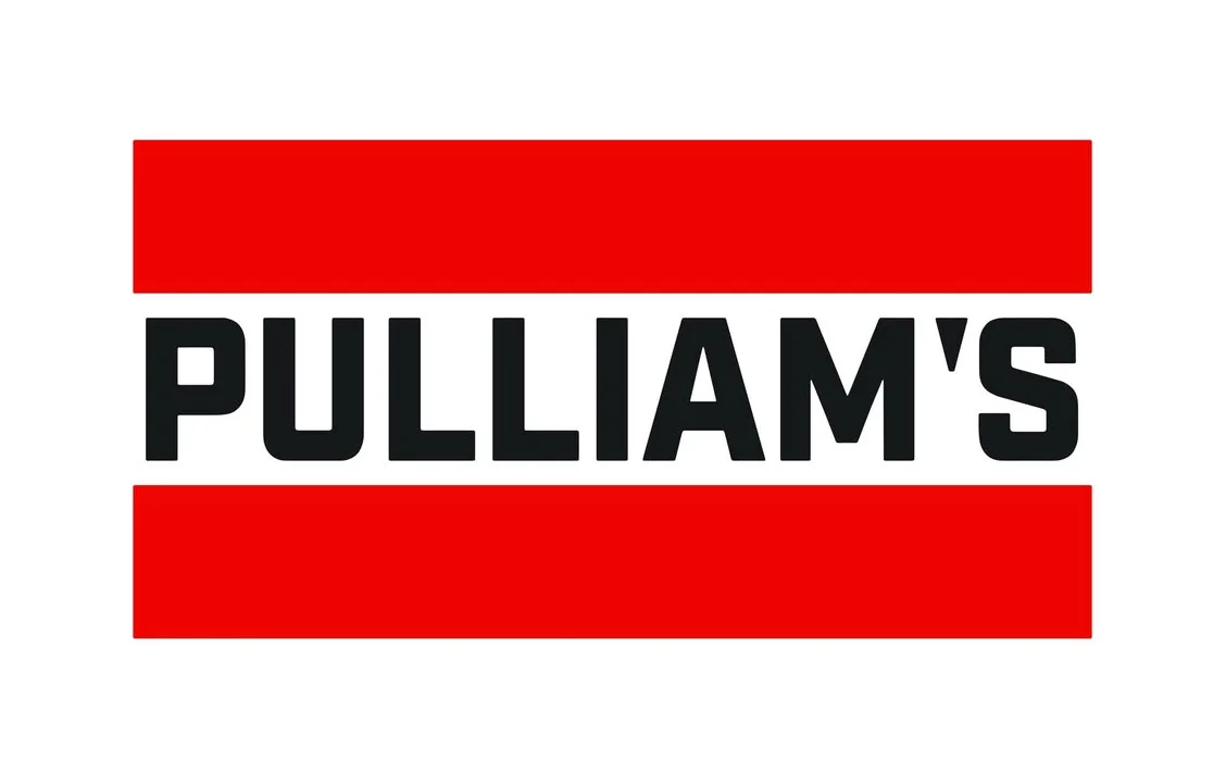 A bold logo featuring the word 'PULLIAM'S' in large, black letters within a red and white striped background.