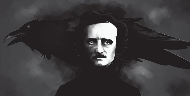 Black-and-white portrait artwork of a mysterious figure with ravens
