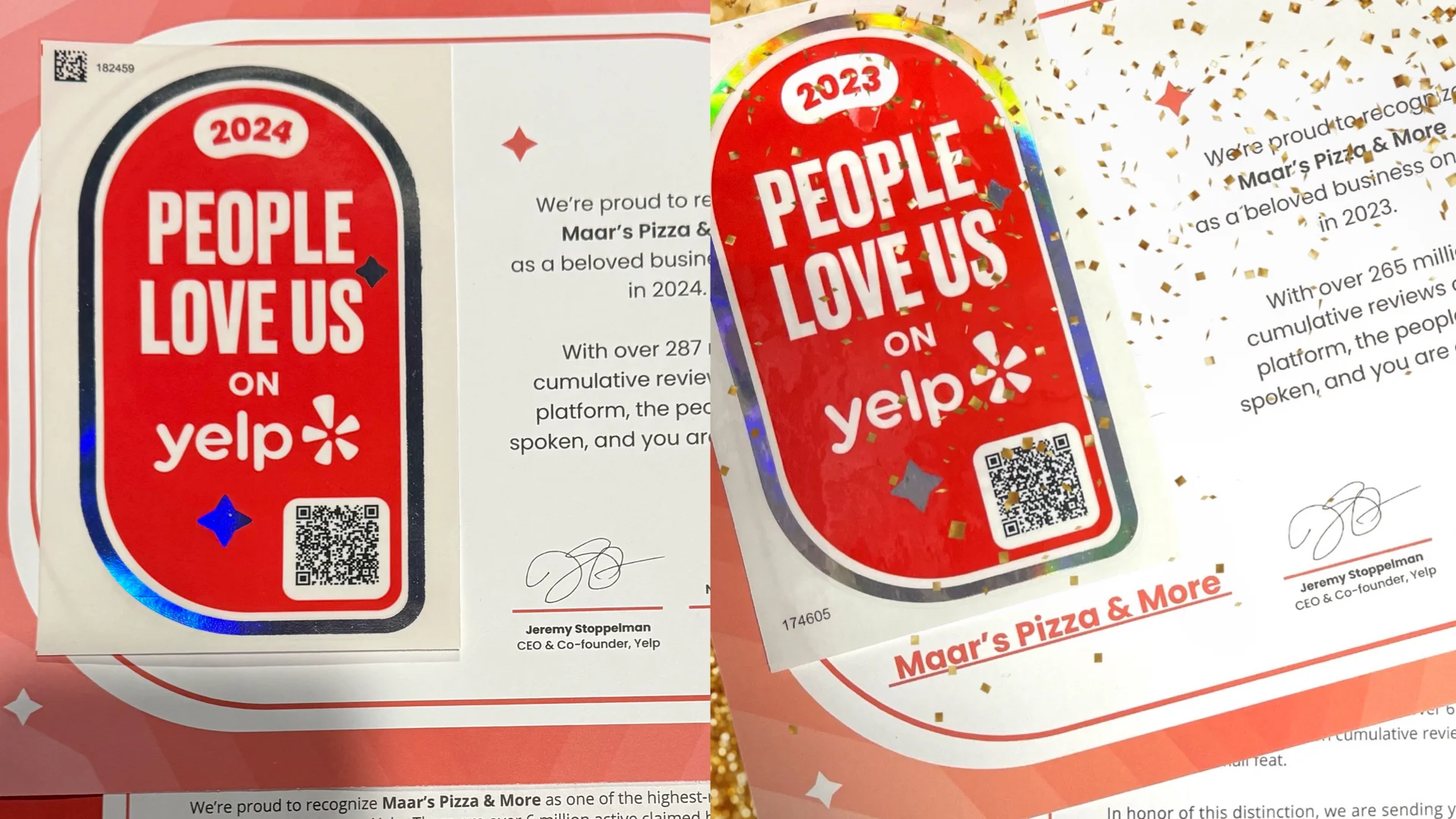 Yelp awards for Maar's Pizza & More, celebrating customer love in 2023 and 2024