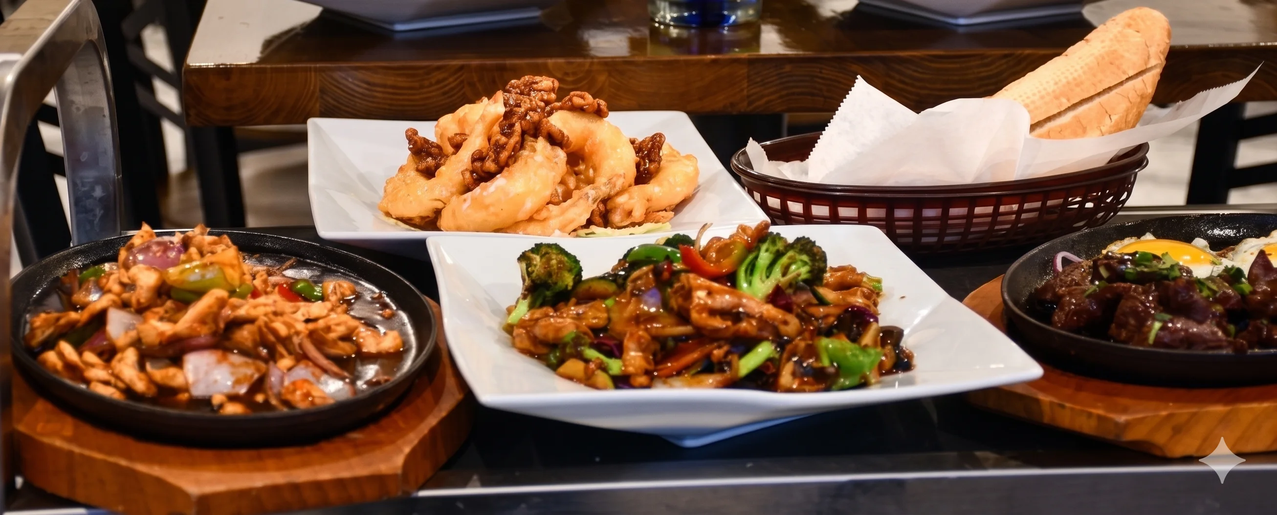 A variety of Asian dishes served on plates with a colorful drink.