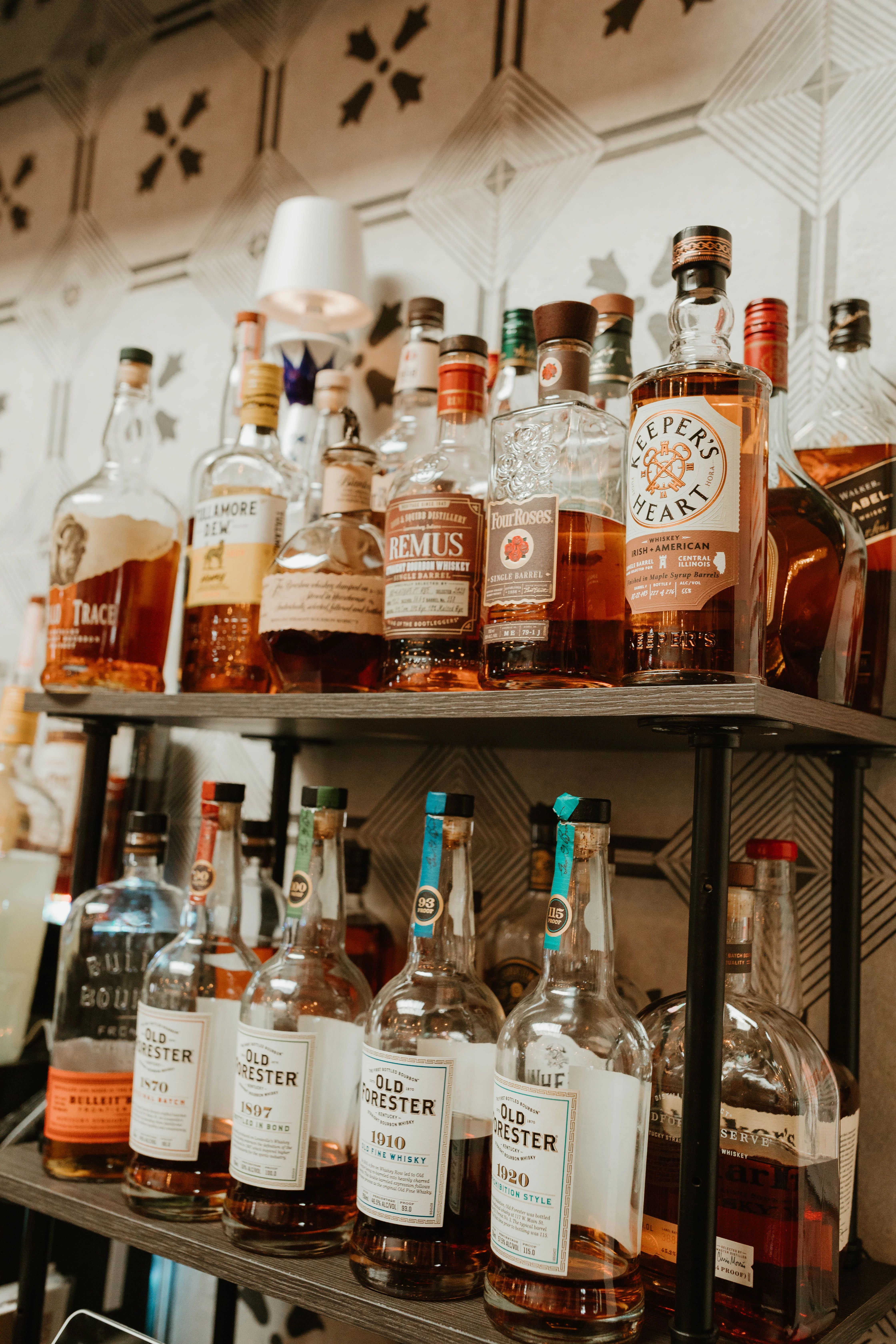 Well-stocked bar shelf with various whiskey bottles