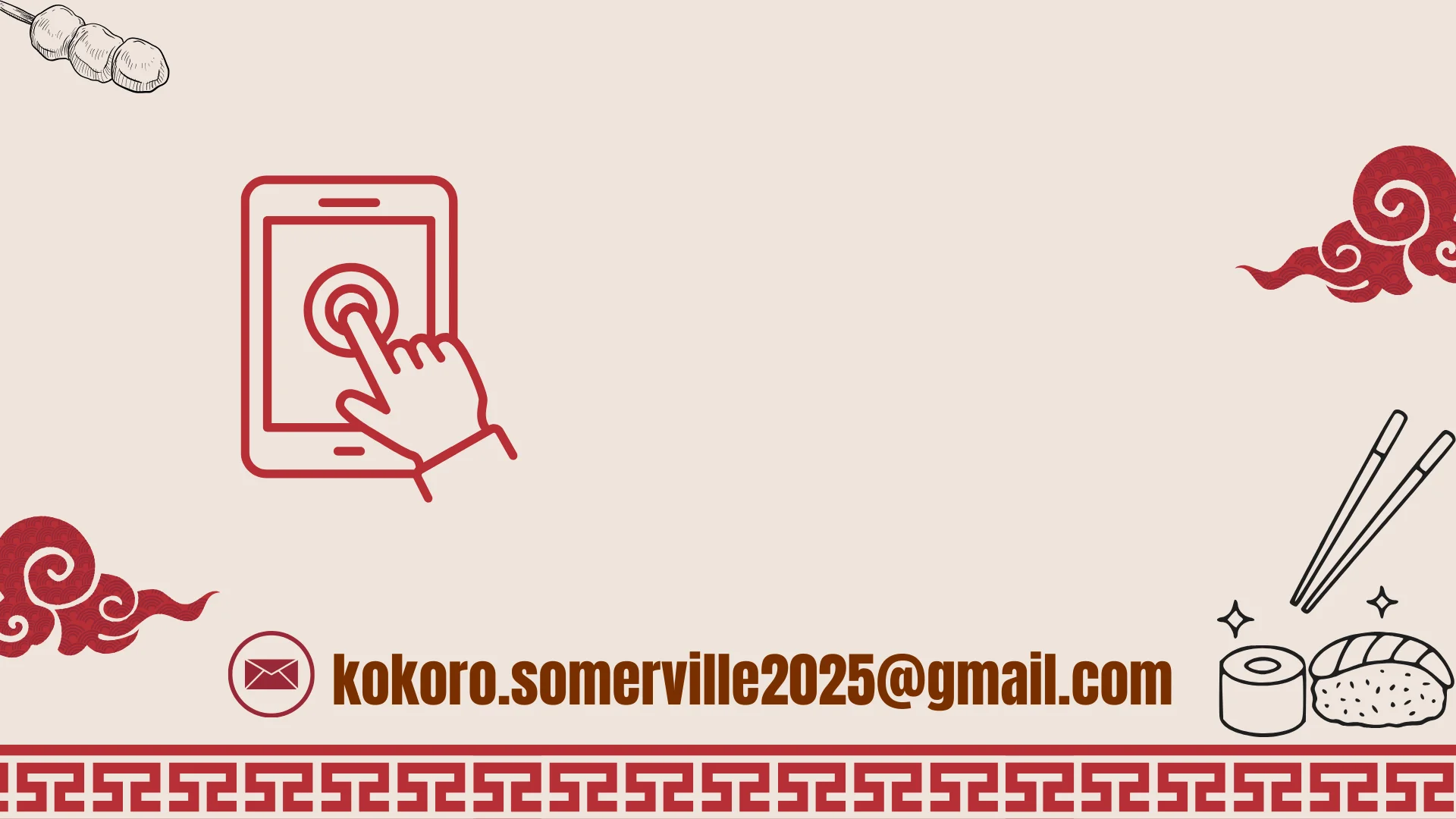 Cozy restaurant interior with contact information and a lucky cat figurine.