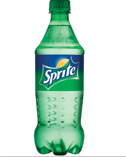 A green plastic bottle of Sprite, a lemon-lime flavored soft drink, featuring a simple label.