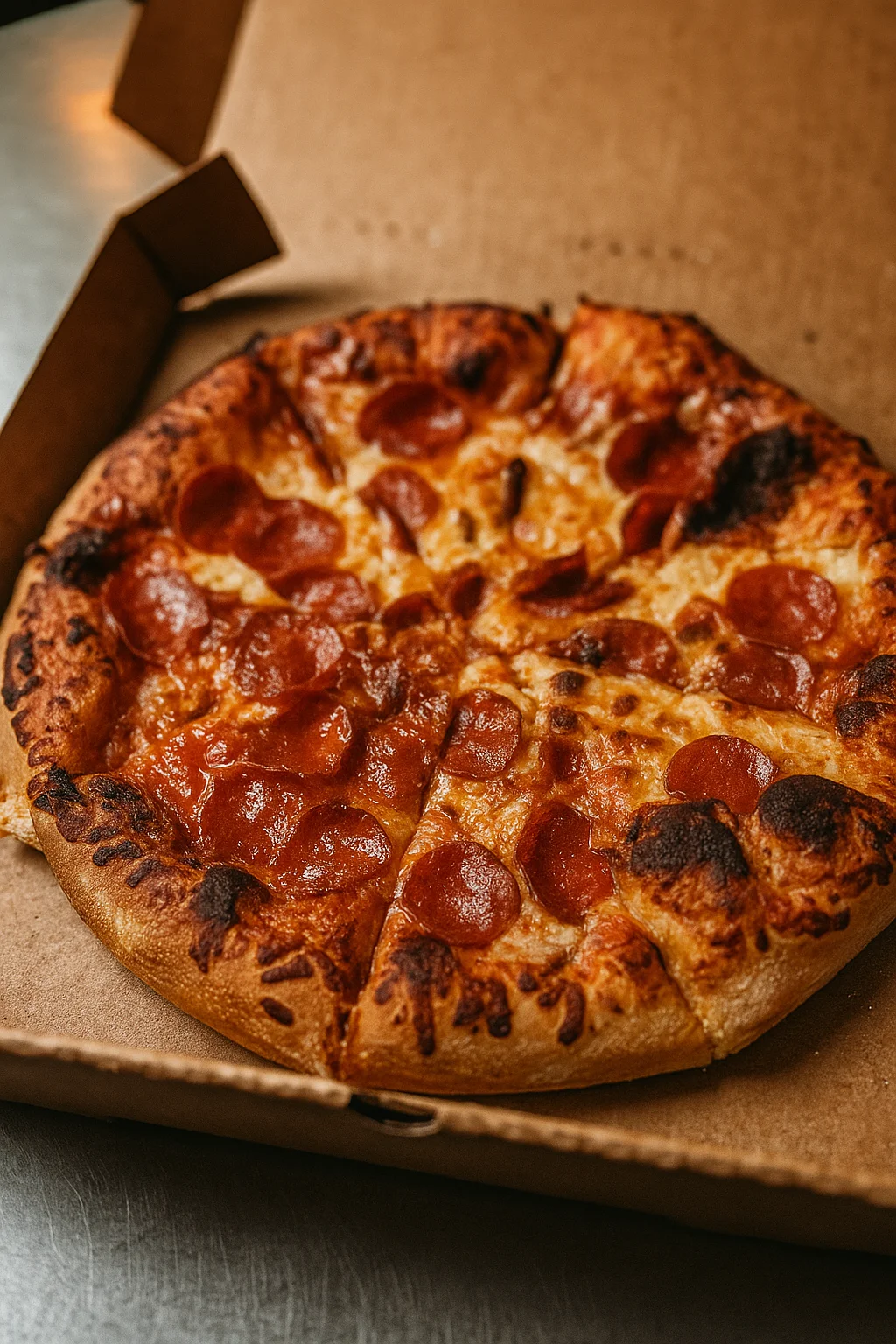 Pepperoni pizza in a takeout box