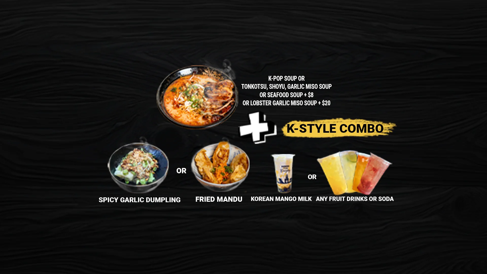 Korean K-Style combo with dumplings and drinks