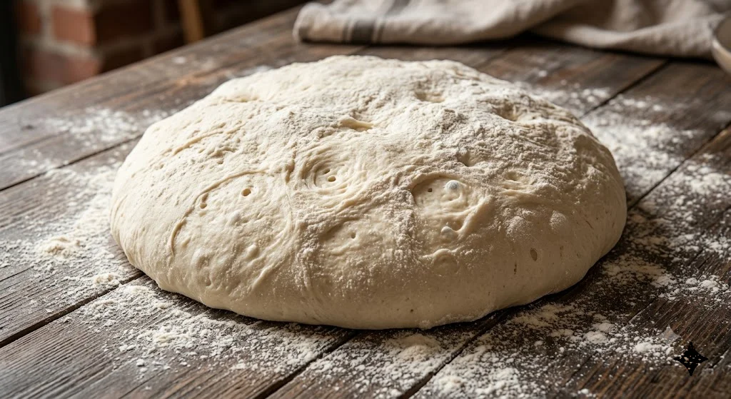 Freshly kneaded pizza dough on a wooden table