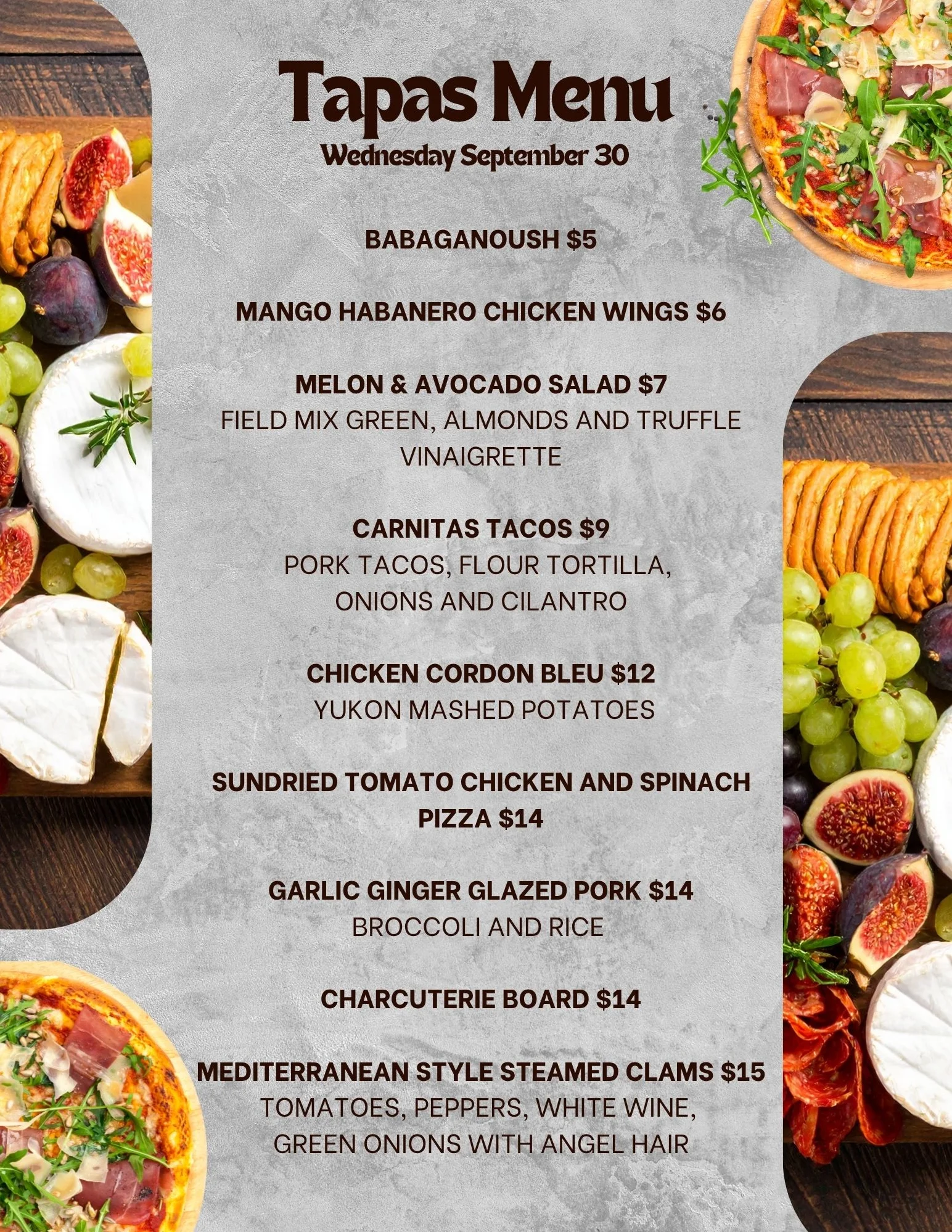 Tapas menu featuring diverse Spanish small plates and dishes