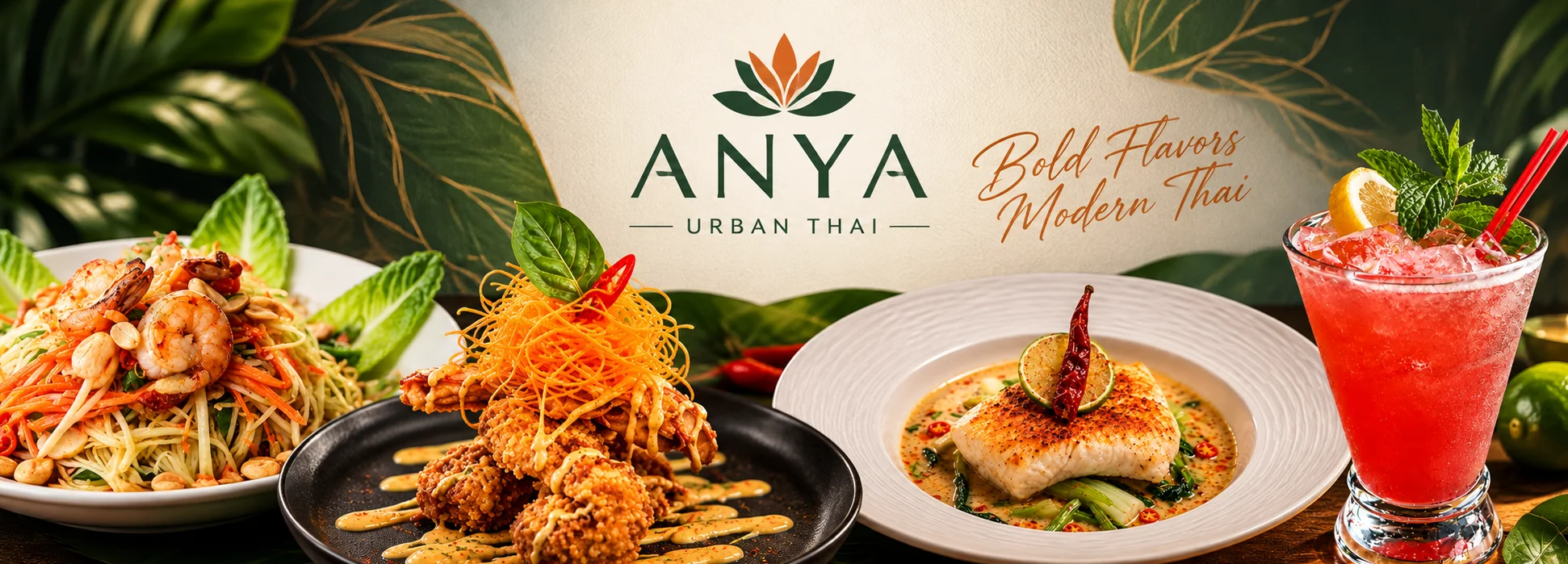 Thai restaurant banner featuring mango sticky rice, pad see ew, and shrimp papaya salad