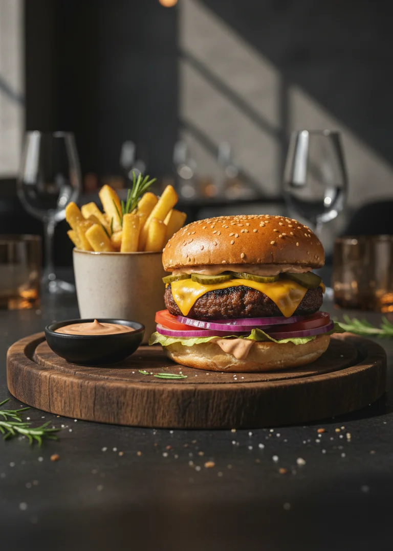 Juicy cheeseburger with fries in a modern restaurant setting
