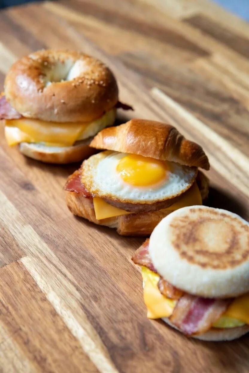 Three breakfast sandwiches on a wooden board: bagel, croissant, and English muffin.