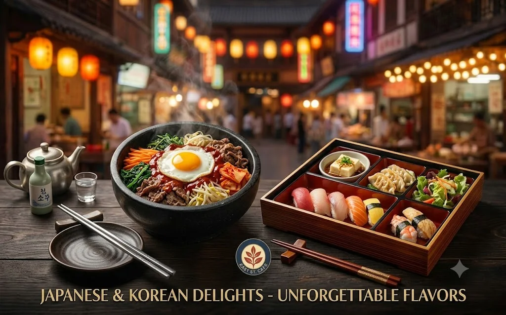 Korean bibimbap with assorted vegetables and Japanese sushi platter