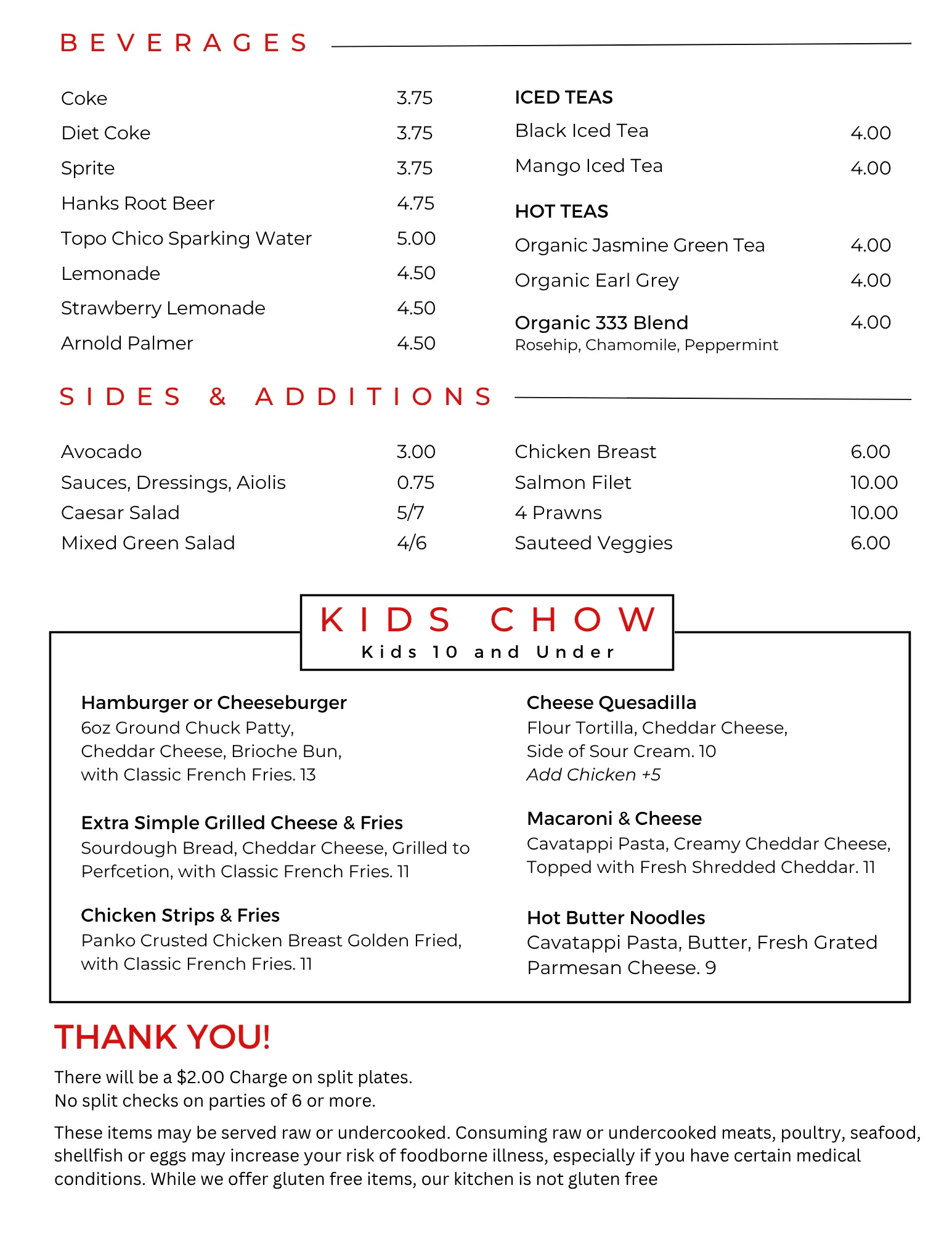 Restaurant menu featuring beverages and kids' meals