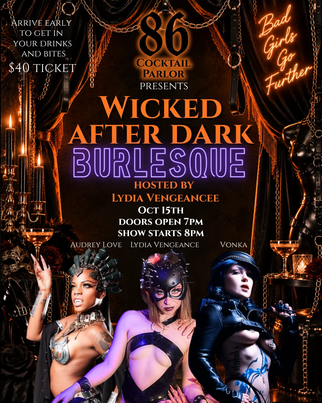 Promotional poster for Wicked After Dark burlesque event at 86 Cocktail Parlor