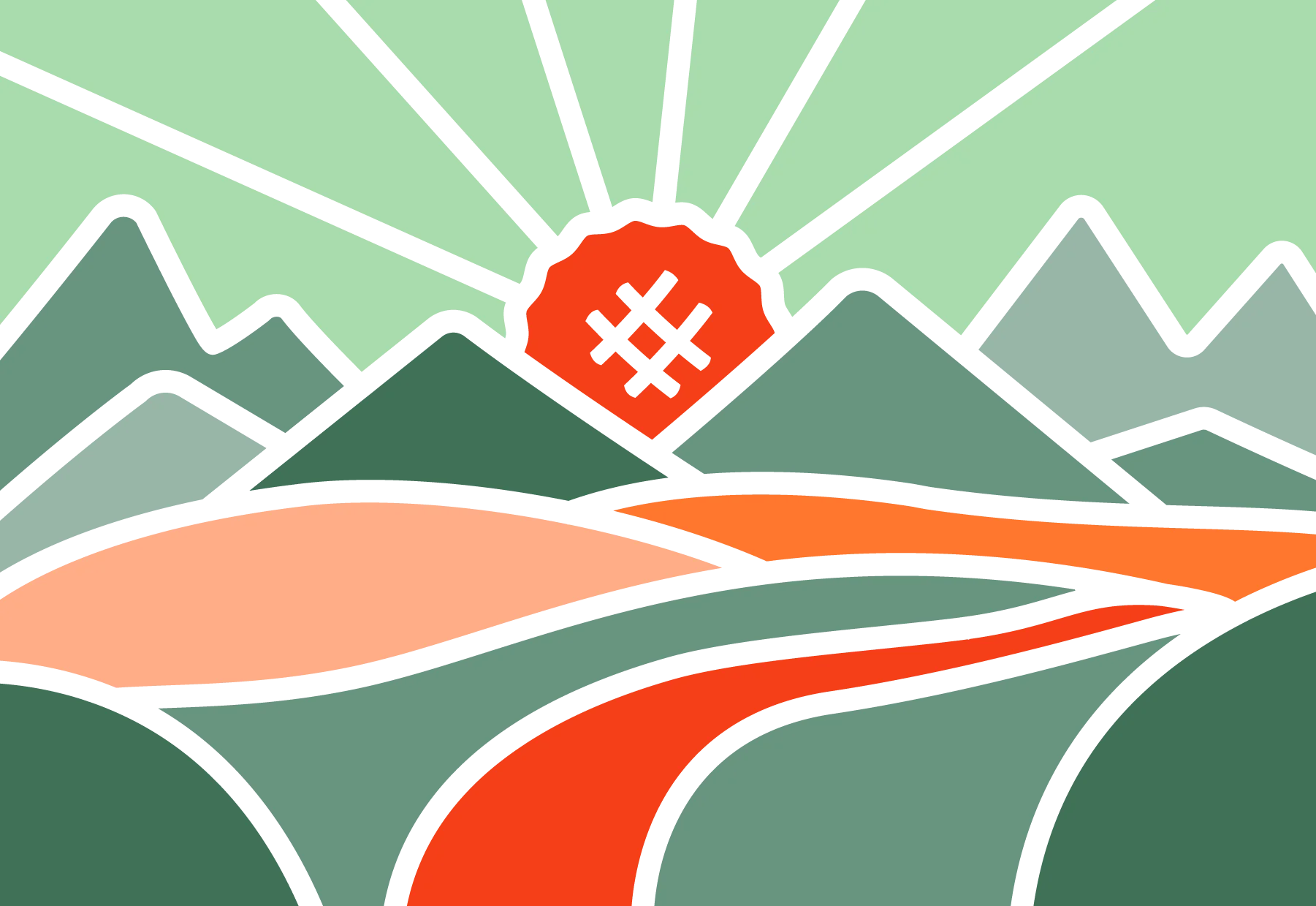 Stylized landscape with mountains and sun illustration