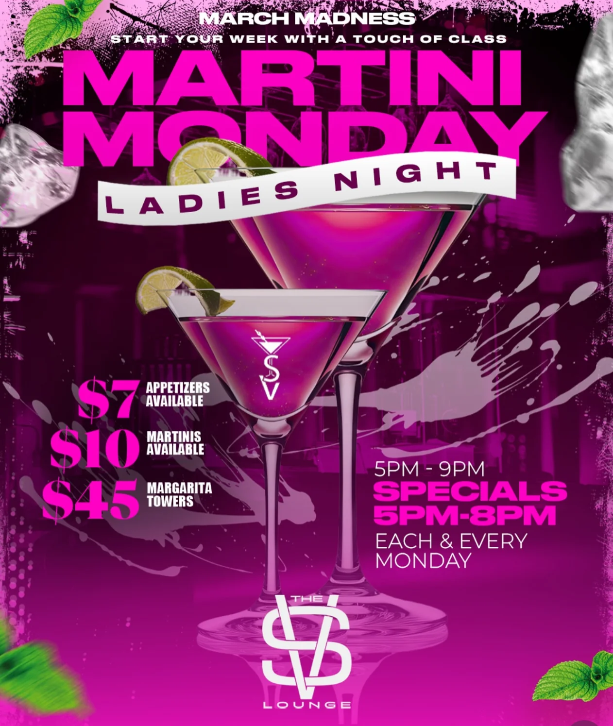 Martini Monday ladies night event poster with drink specials