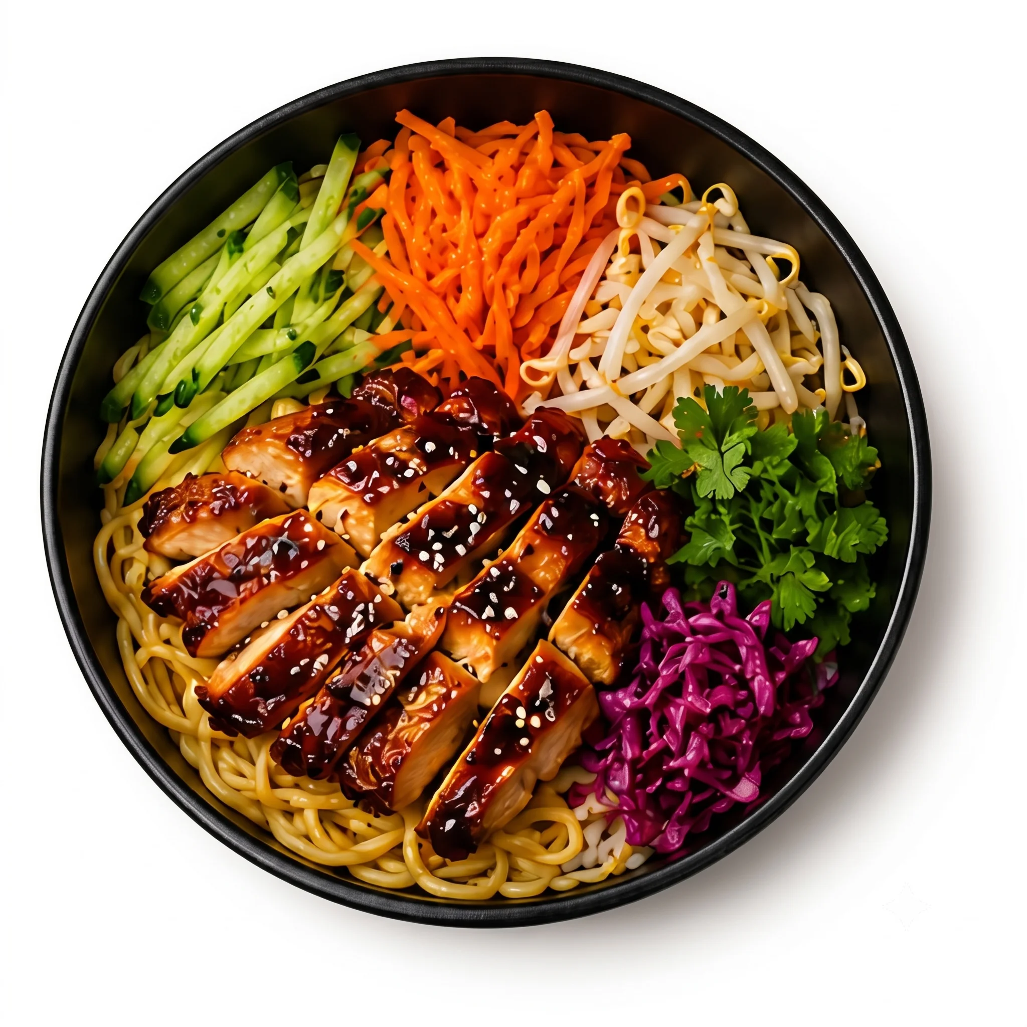 A colorful bowl of noodles topped with grilled chicken and fresh vegetables.