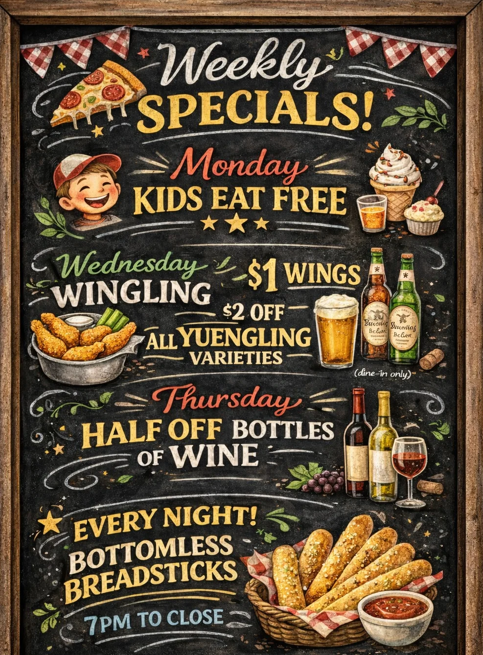 Weekly restaurant specials chalkboard with food and drink promotions
