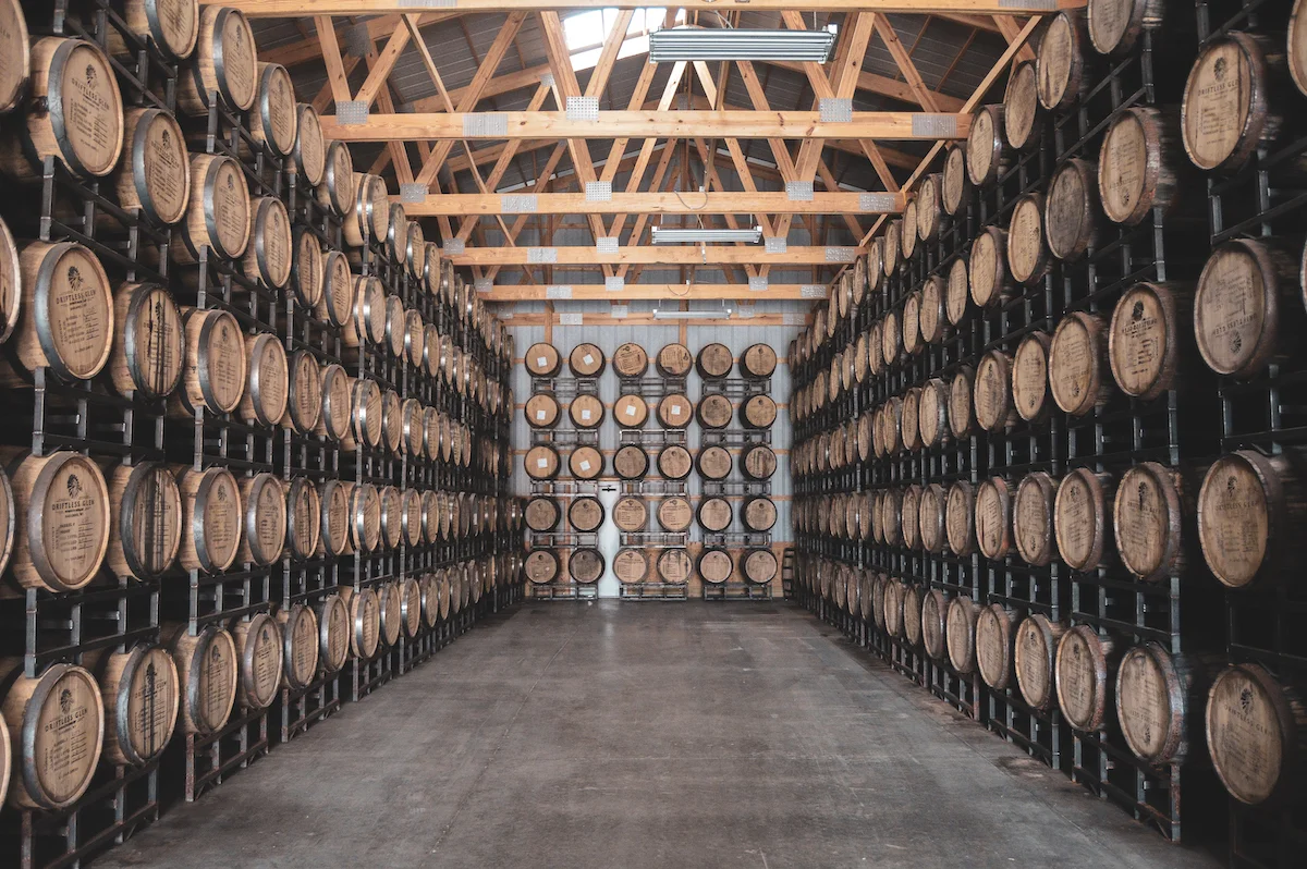 Thousands of whiskey barrels aging in Driftless Glen's rackhouse