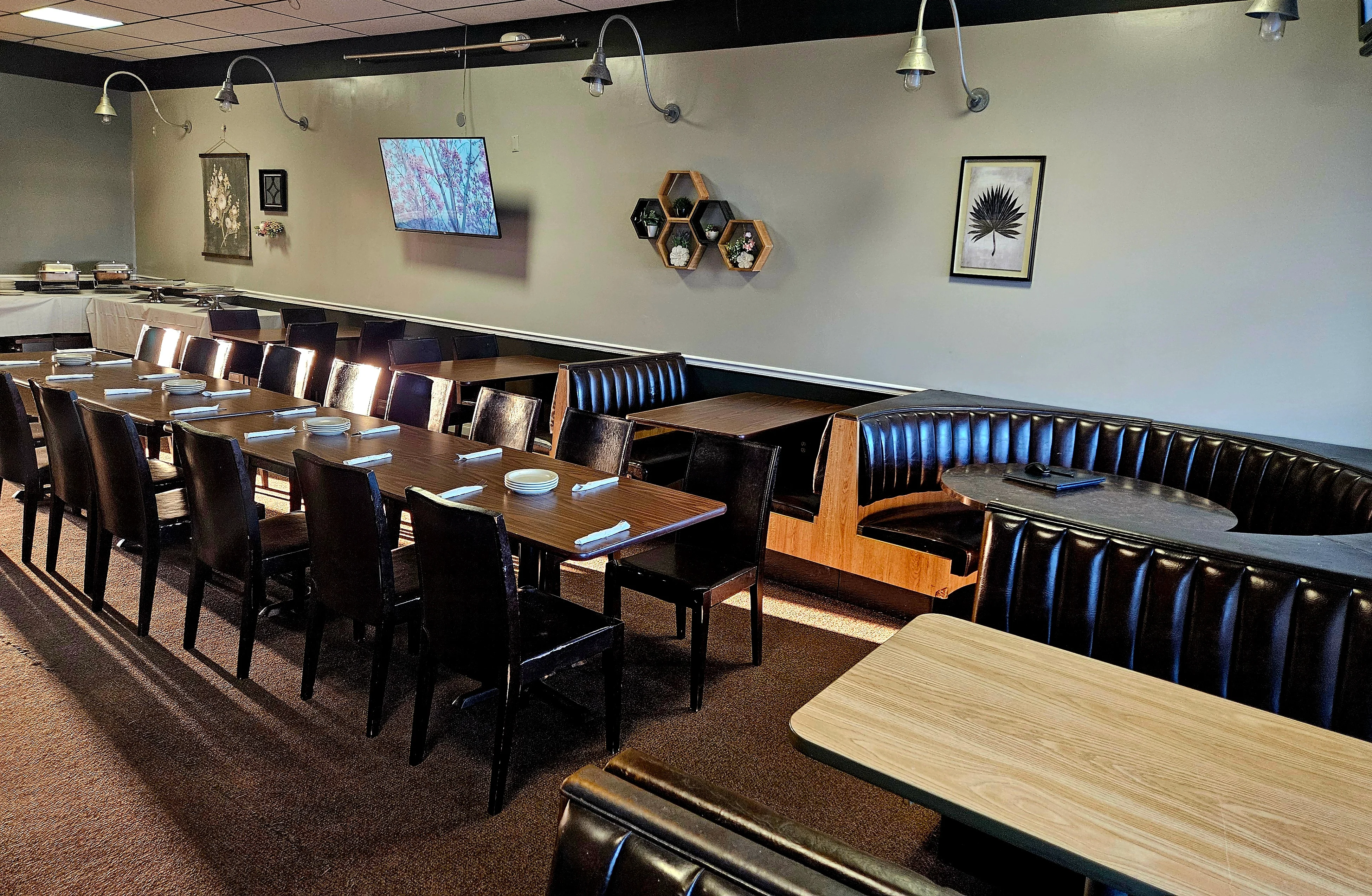 Cozy restaurant interior with modern seating and decor