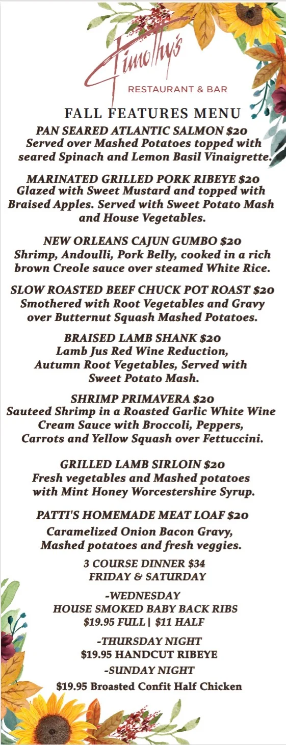 Fall features menu at a restaurant showcasing seasonal dishes