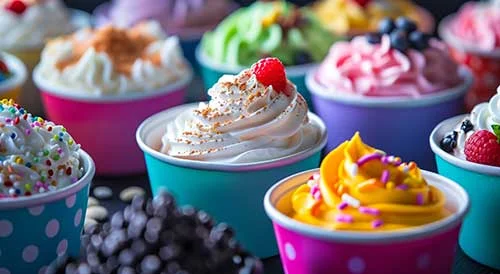 Colorful frozen yogurt cups with toppings
