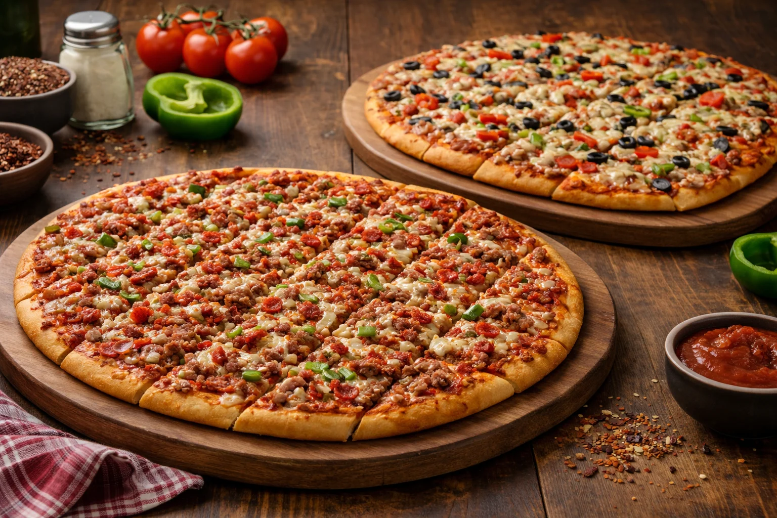 Two delicious pizzas on wooden boards, showcasing classic Italian flavors
