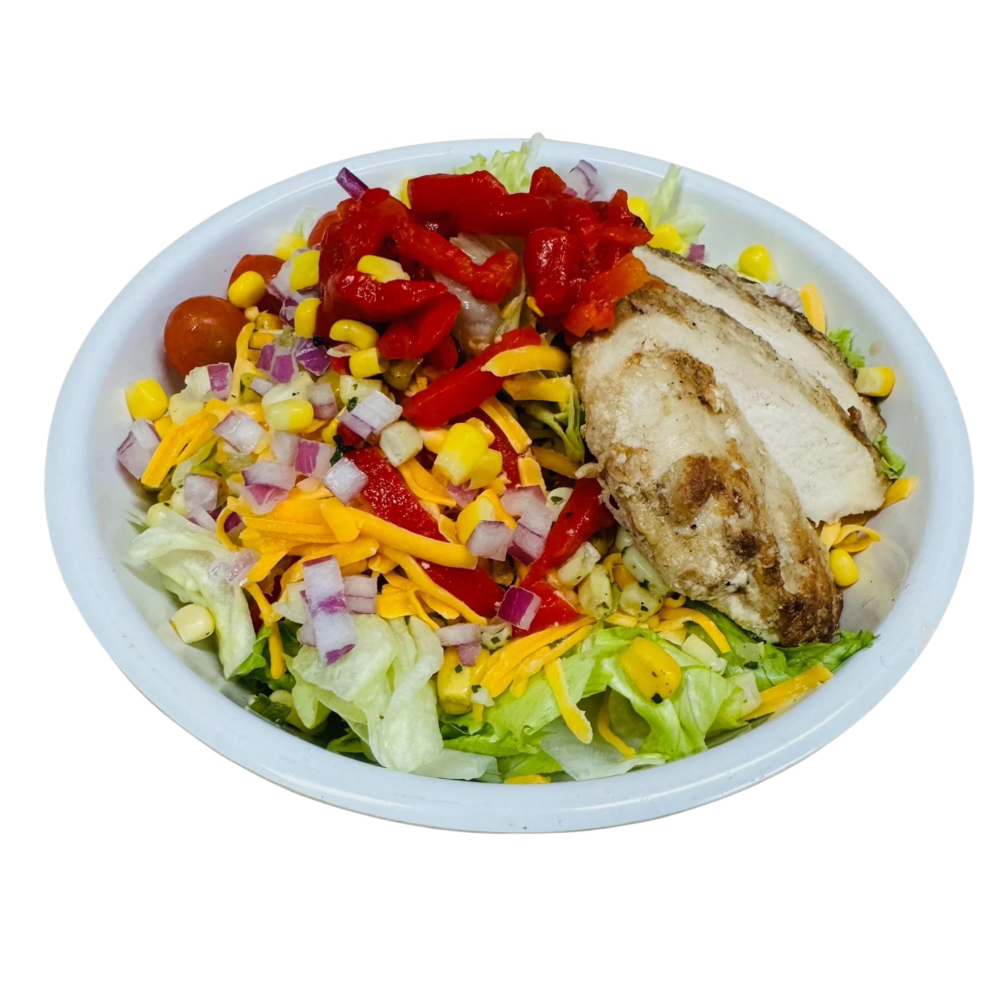 Salad with chicken, cheddar cheese, corn, onion, red pepper