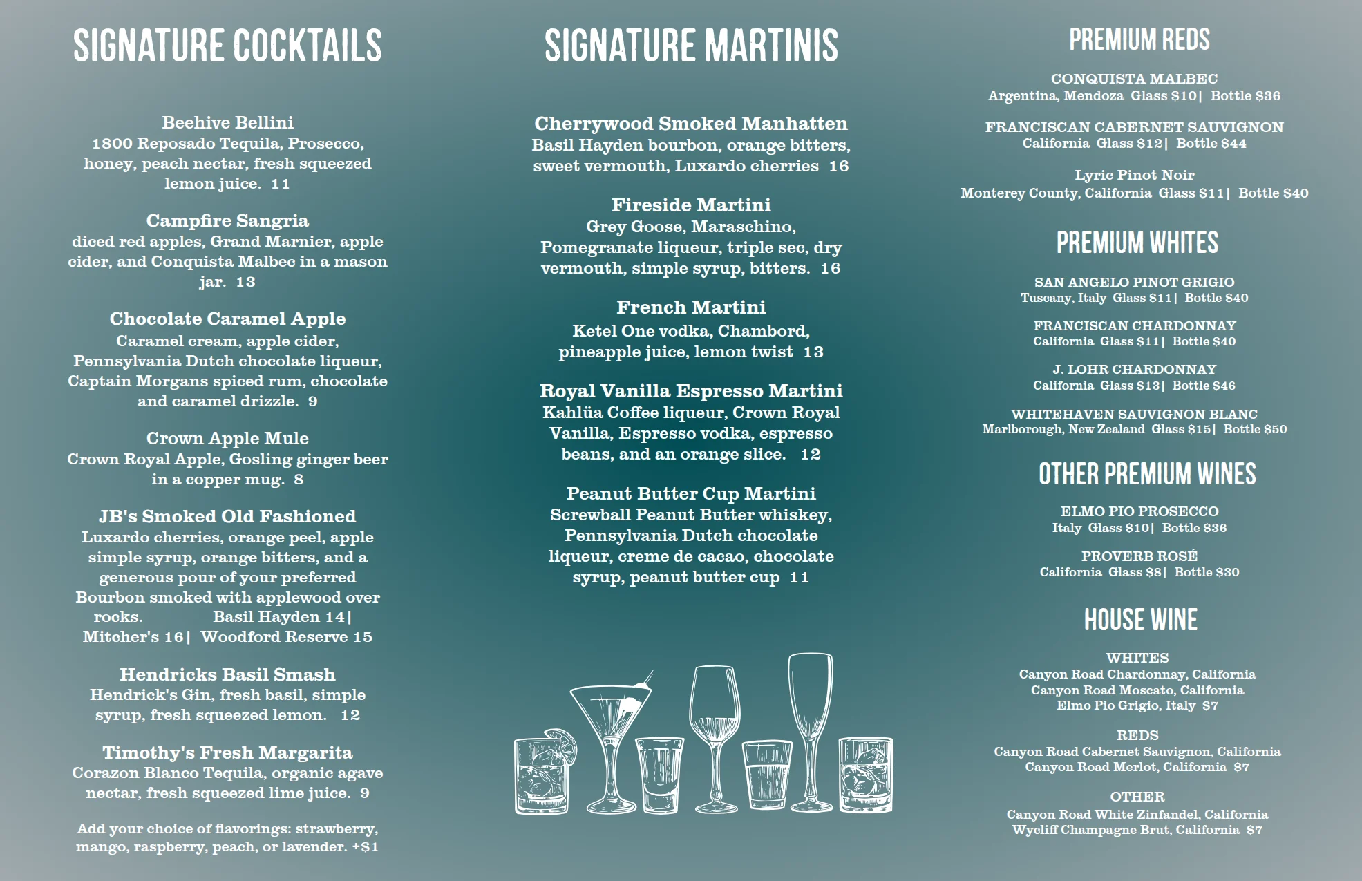 Cocktail menu featuring signature drinks and premium wines