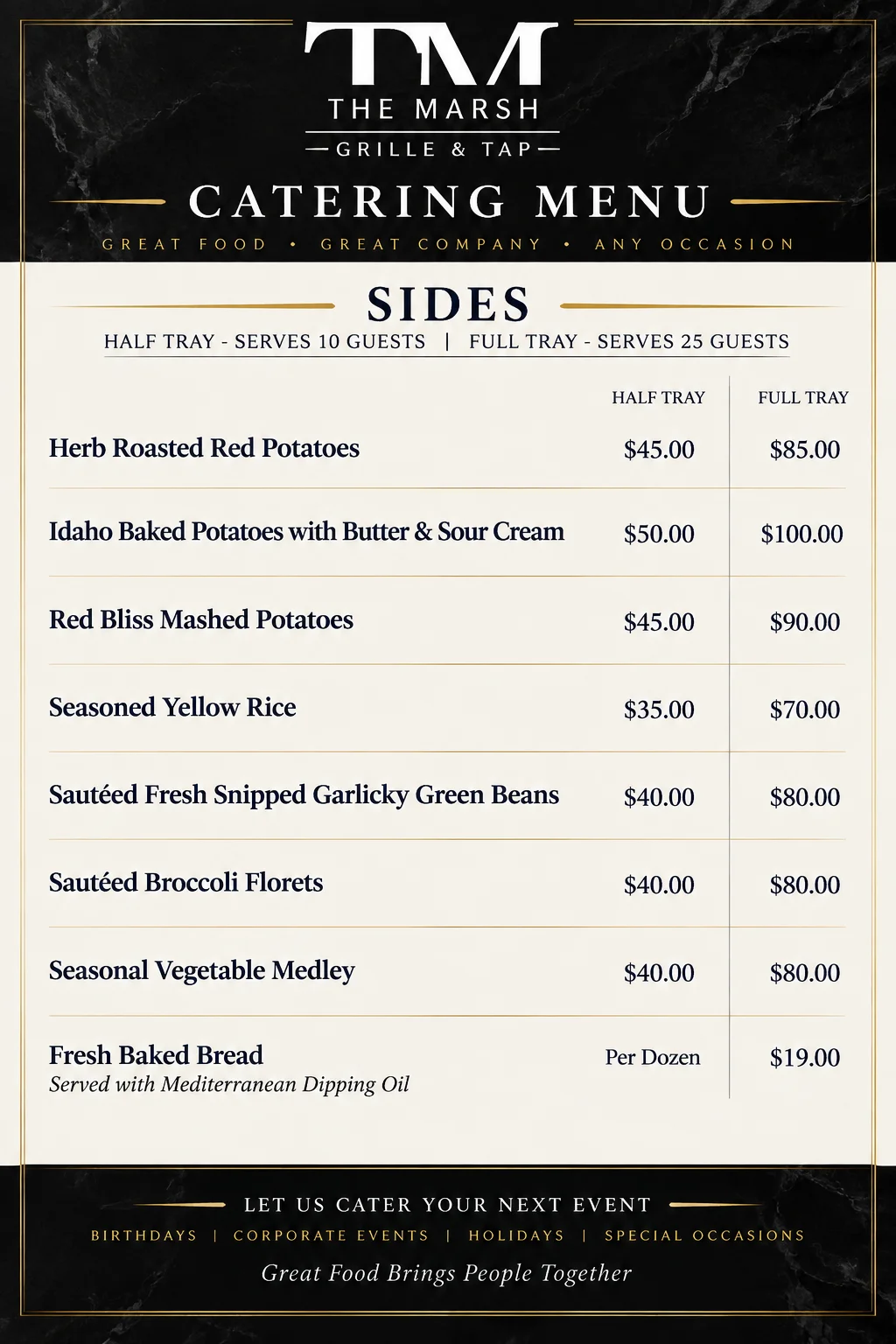 Catering menu featuring a variety of side dishes for events