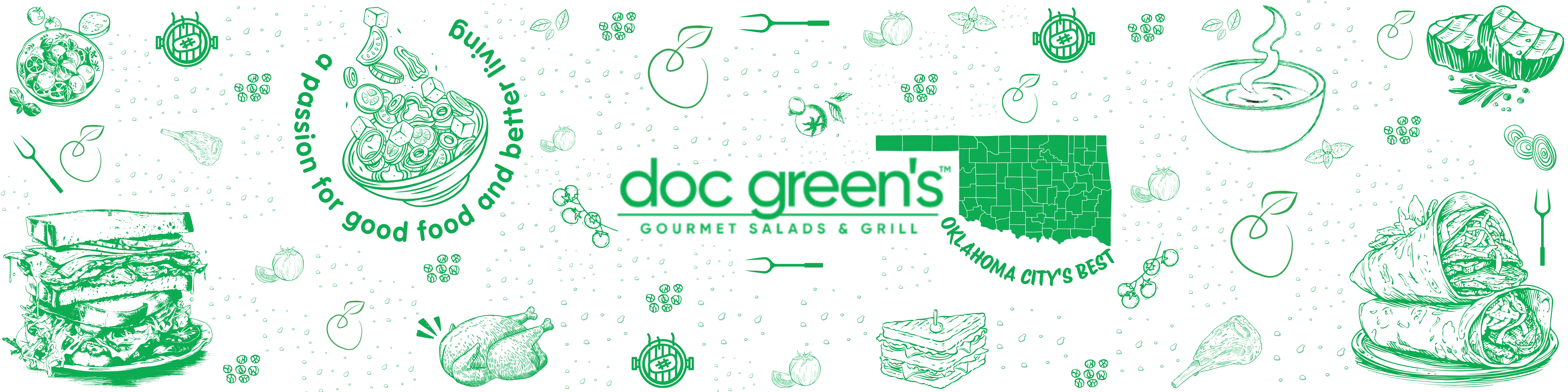 Artistic illustration of gourmet salads and grill dishes