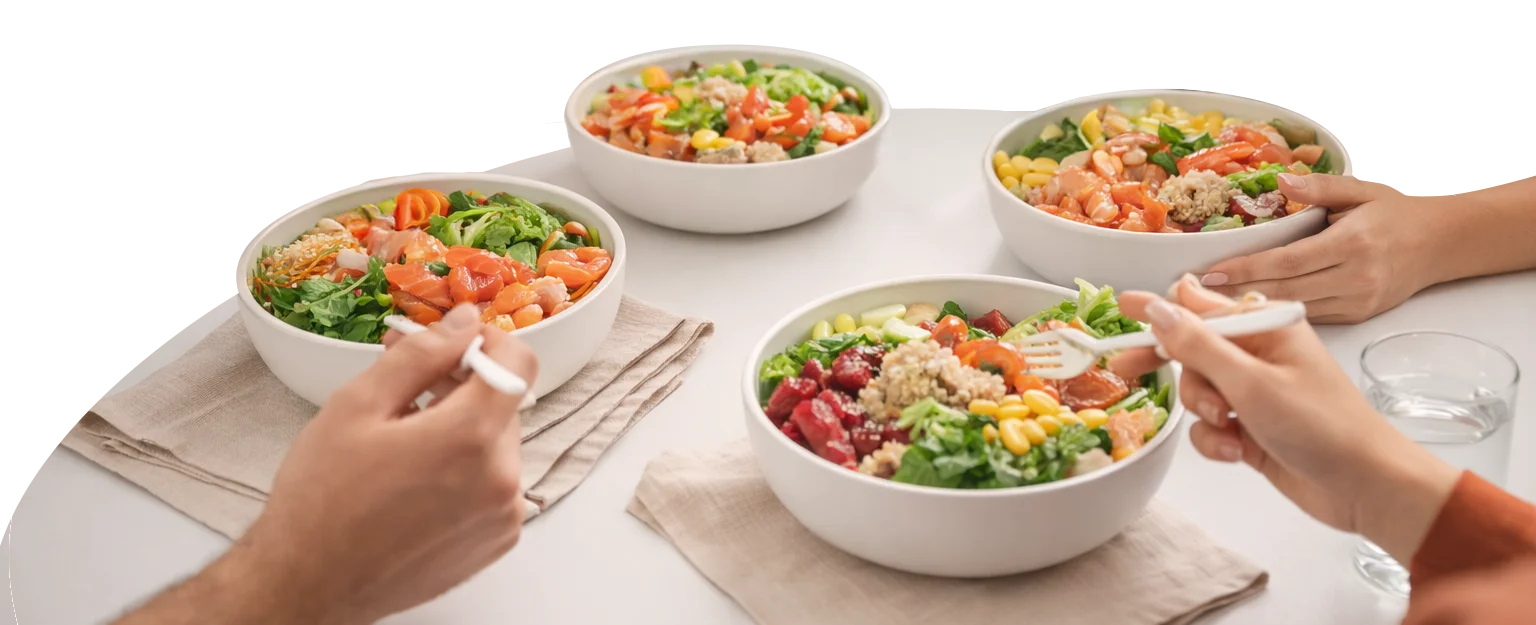 Colorful Asian-inspired poke bowls with fresh ingredients